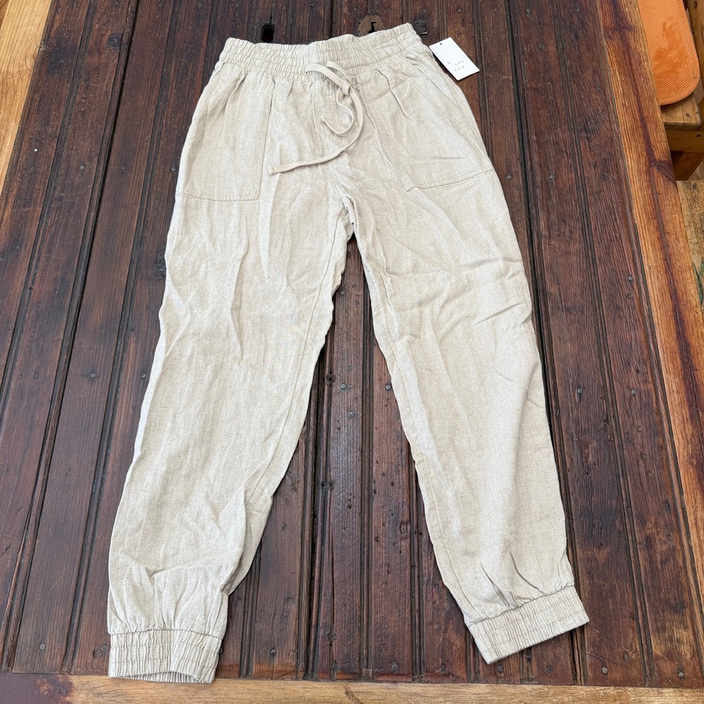 A New Day Womens Tan Linen Blend Jogger Pants Small NWT vacation travel beach